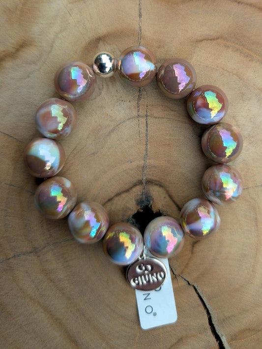 Elastic bracelet with acrylic and copper beads in a mother-of-pearl design, brown ARU289-63