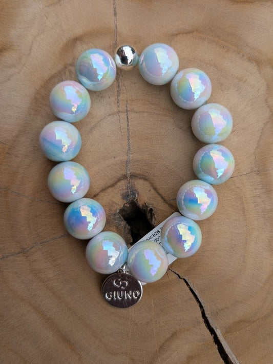 Elastic bracelet with acrylic and copper beads in a mother-of-pearl design, light blue ARU289-55