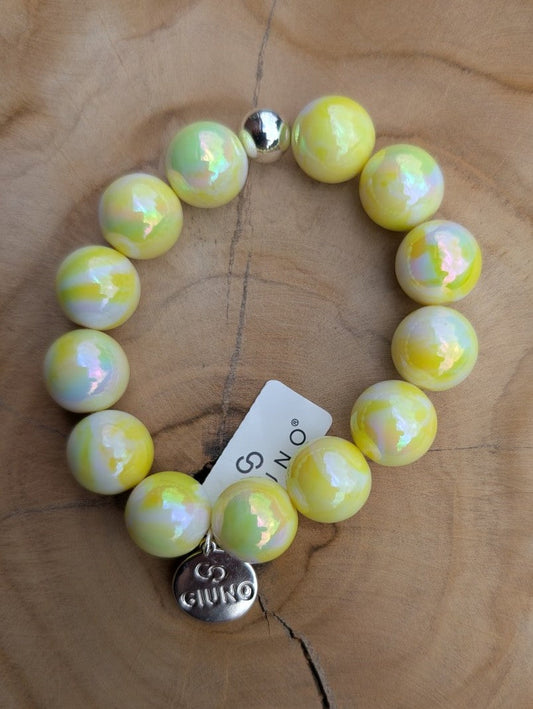 Elastic bracelet, acrylic, copper, mother-of-pearl, yellow ARU289-30