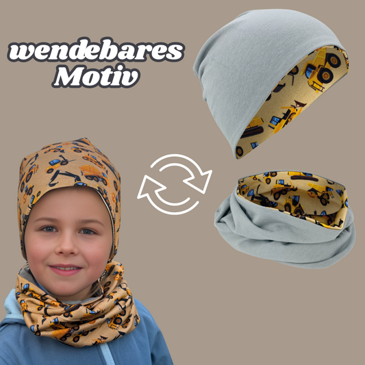 Kinder Beanie Mütze & Loop Set  - Baufahrzeuge