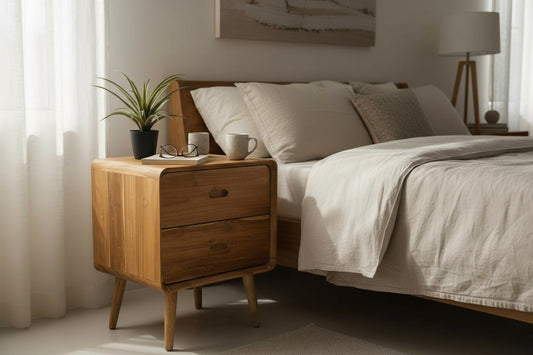 Holz Nachttisch – Beistelltisch Nachtschrank – Mit Zwei Schubladen – Aus Teak Massivholz – 50x40x60 cm