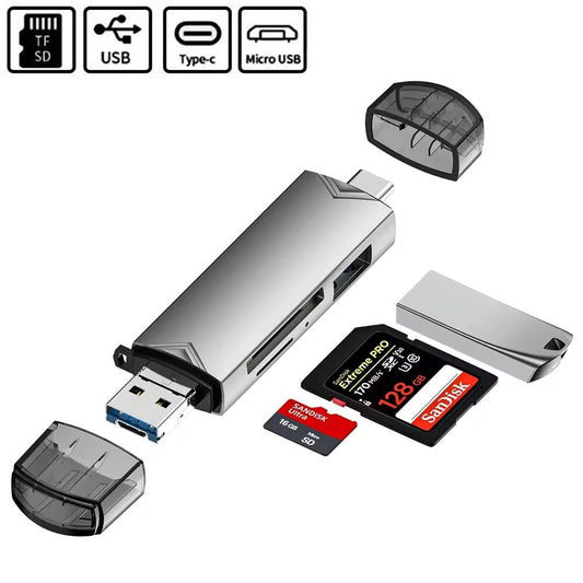 6-in-1 Kartenleser USB 3.0 Speicherkartenleser Typ-C Micro USB SD TF OTG Grau