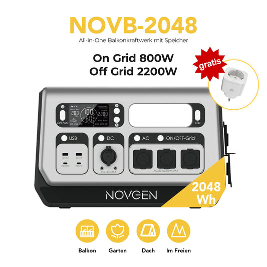 Novgen NOVB2048 LiFePO₄ Balkonkraftwerk mit Speicher 2048Wh | 800W/2200W | Plug & Play Solarspeicher
