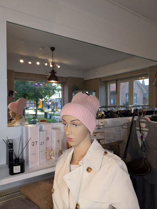 Unlined beanie hat with cuff, viscose angora - Pink