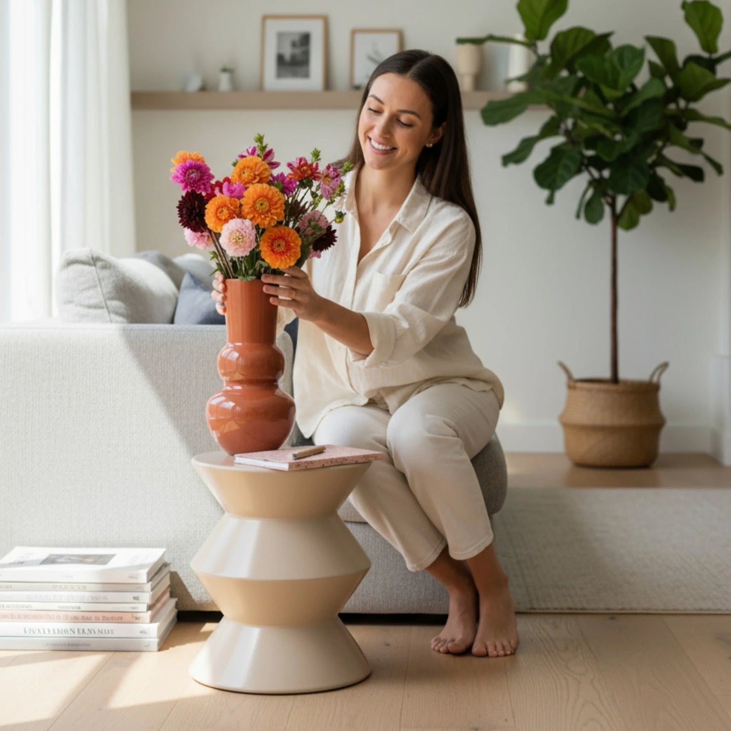 Couchtisch Beistelltisch beige 37x30 Retro Metalltisch rund kleiner Tisch Pflanztisch