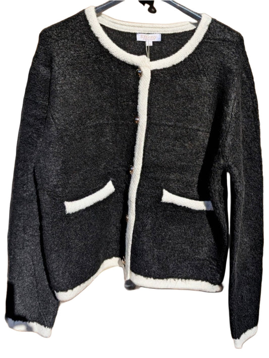 Cardigan Chanel Style Damen Strickjacke Bouclé Schwarz Weiß Goldknöpfe Viskose, One Size - von EFFENY