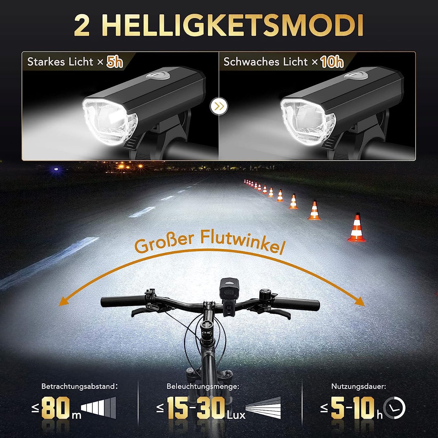 LED Fahrradlicht Set USB Akku 30/15 Lux StVZO Fahrradlampe Fahrradbeleuchtung