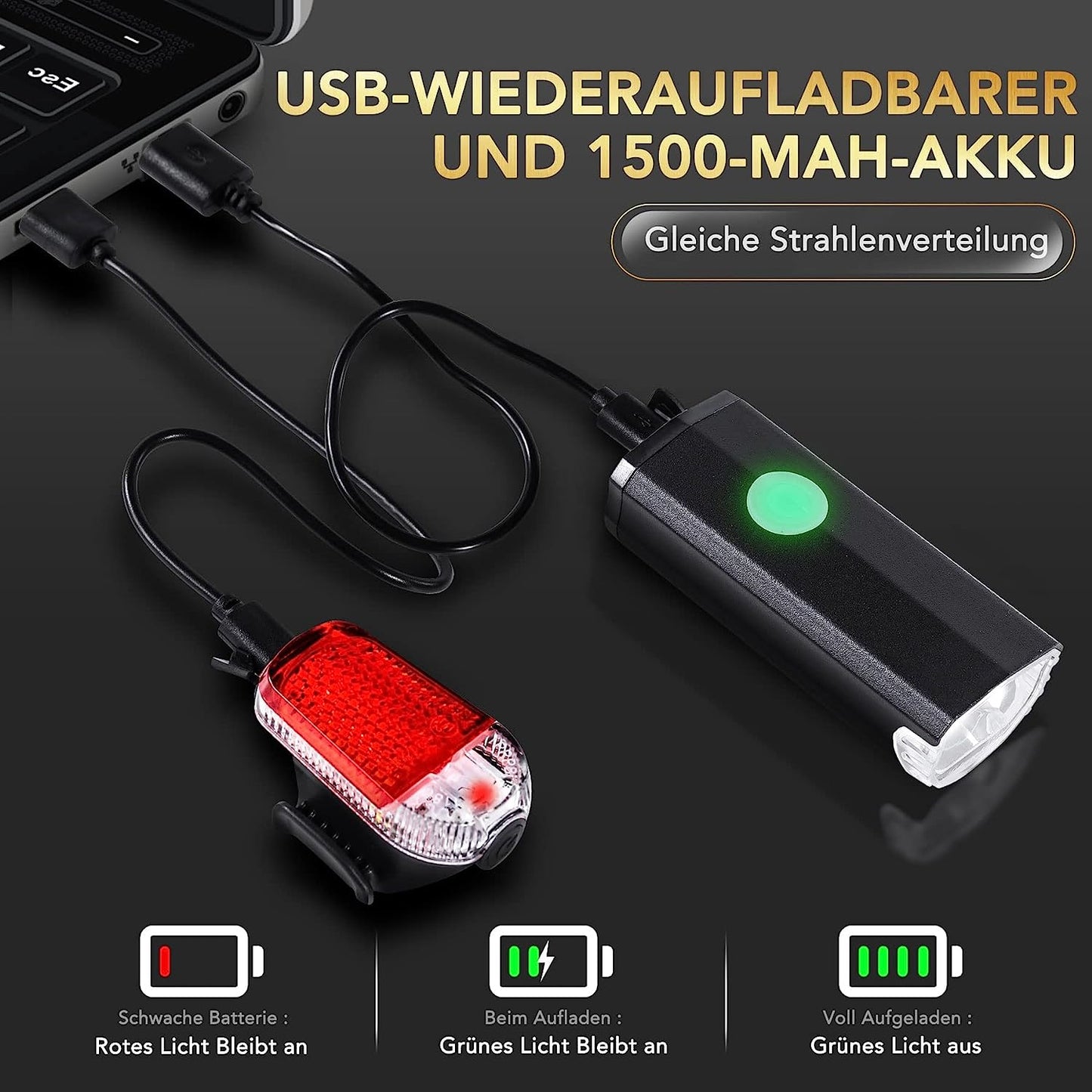 LED Fahrradlicht Set USB Akku 30/15 Lux StVZO Fahrradlampe Fahrradbeleuchtung