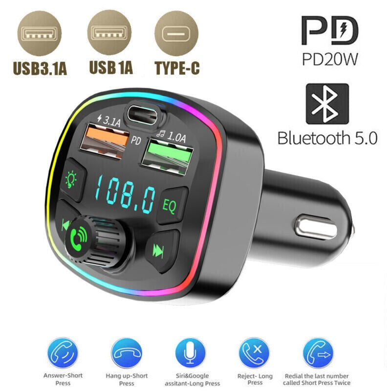 FM Transmitter Auto Kfz Radio Bluetooth 5.0 Adapter Dual USB PD Ladegerät Handy