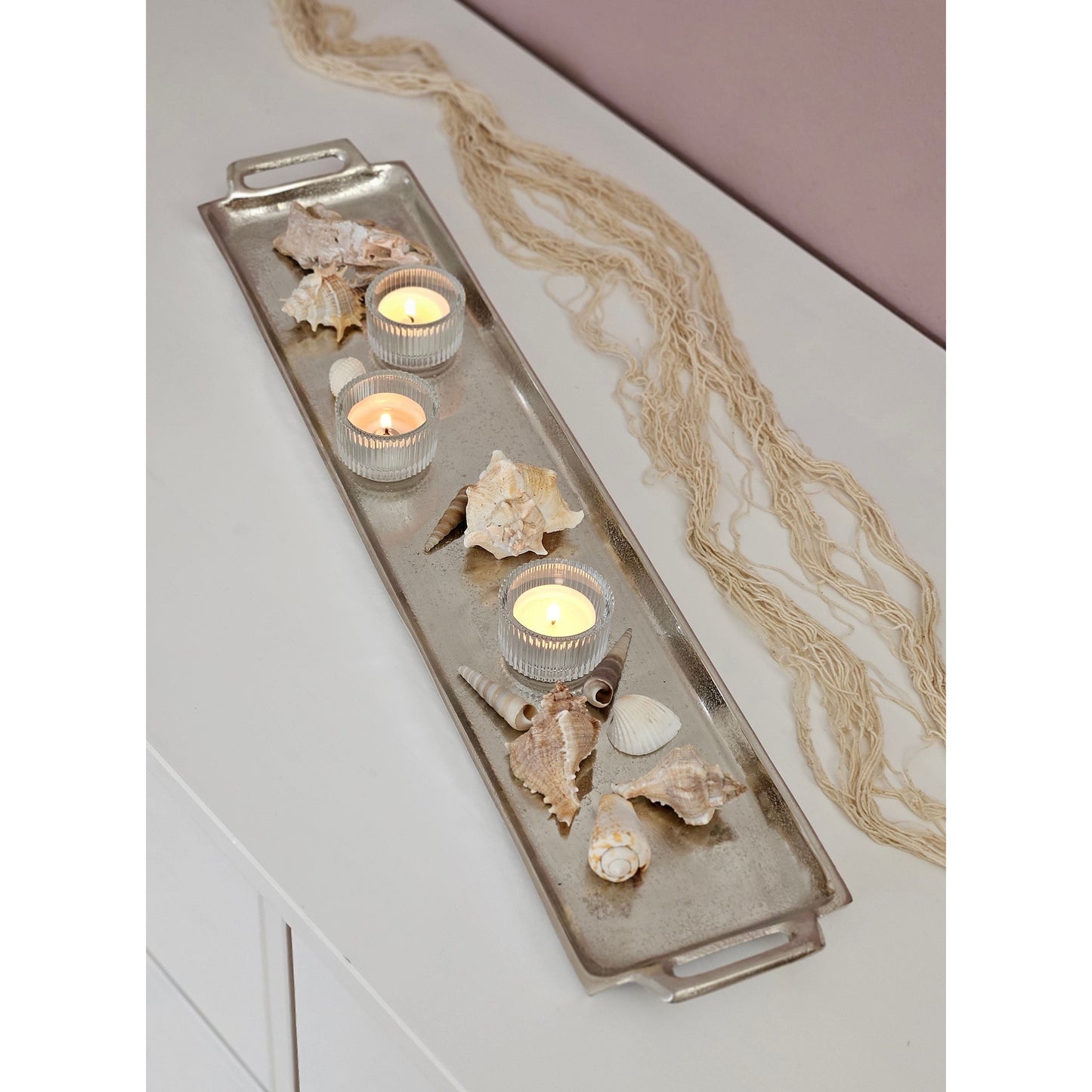 Metalltablett Tablett Serviertablett lang 59 cm Dekotablett silber mit Henkel