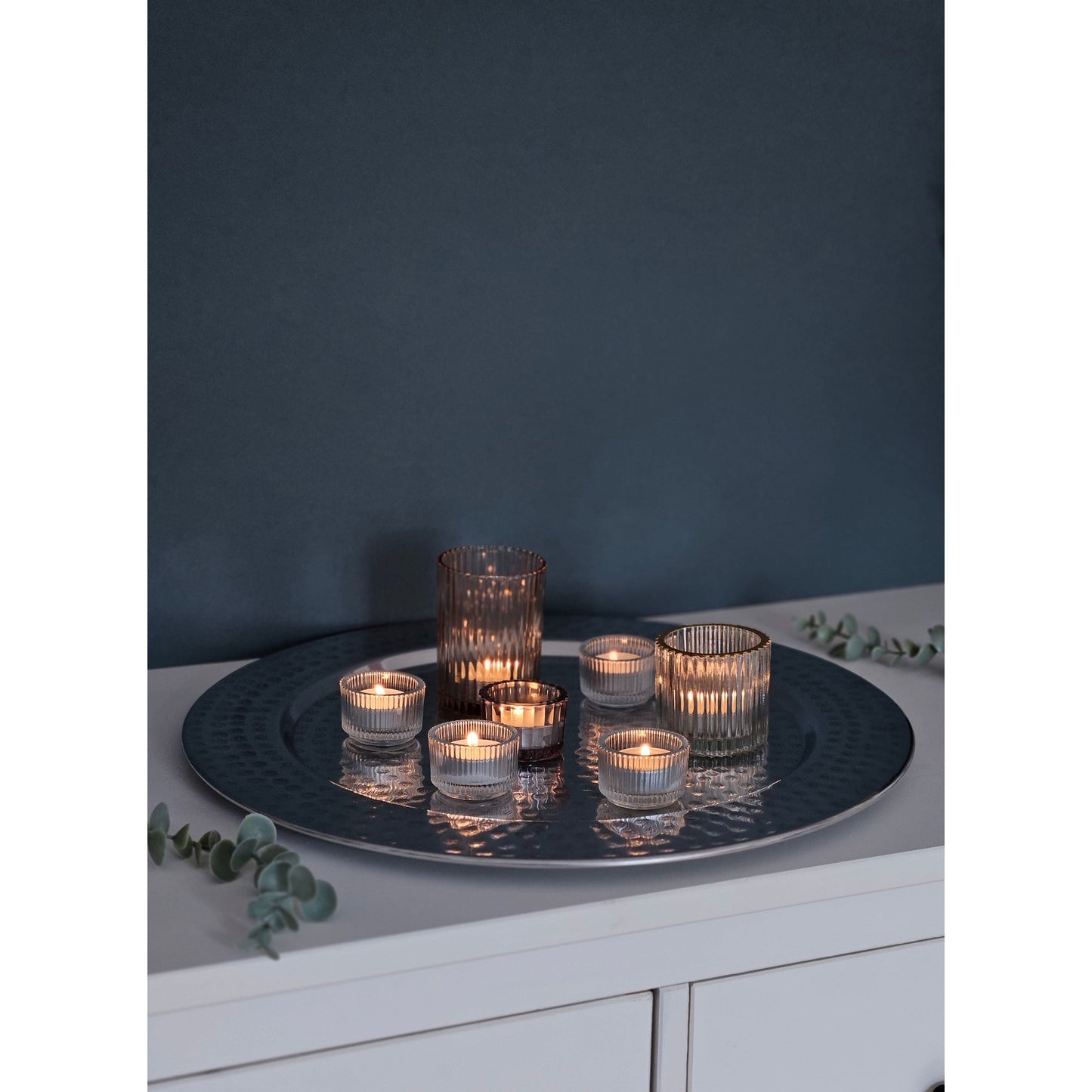 Dekoteller Kerzentablett Metallteller XXL 45 cm Hammerschlag silber Dekoschale