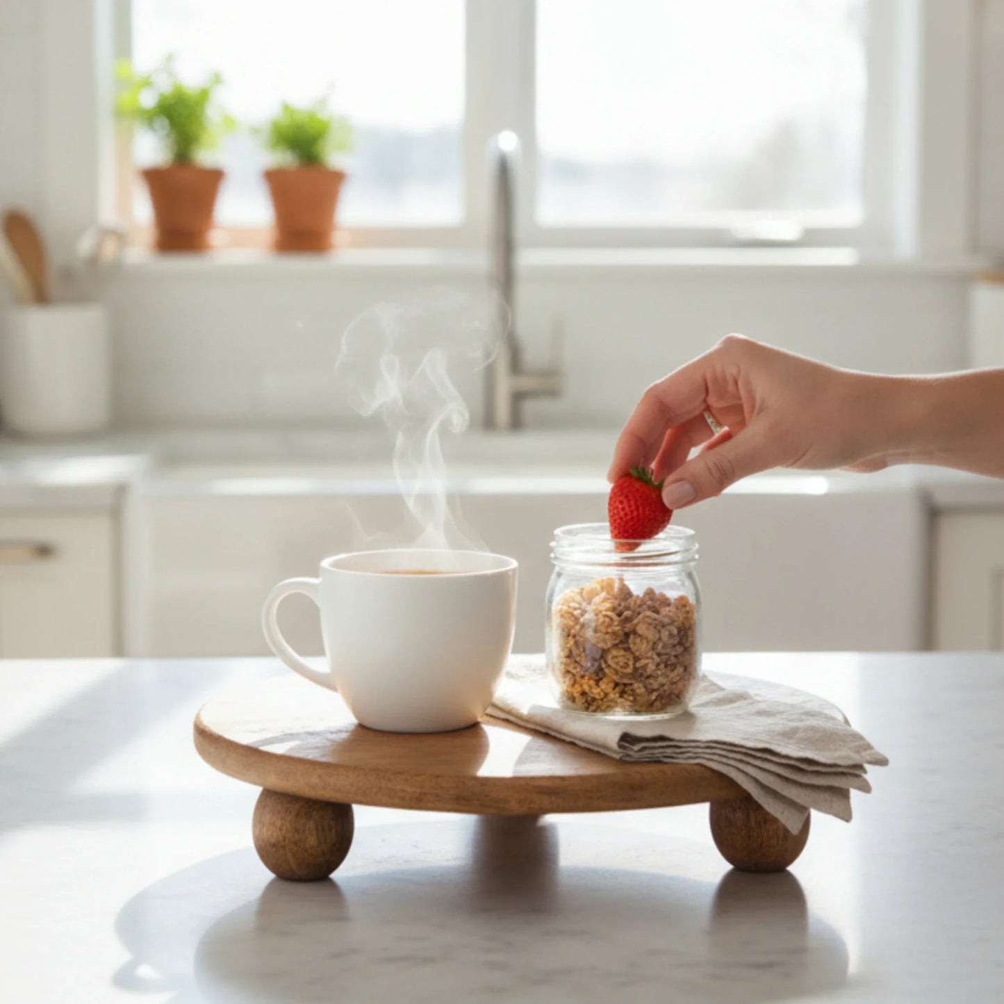 Dekoteller rund auf Füßen Kerzentablett Mangoholz 29 cm Holztablett Blumenhocker Dekorativ