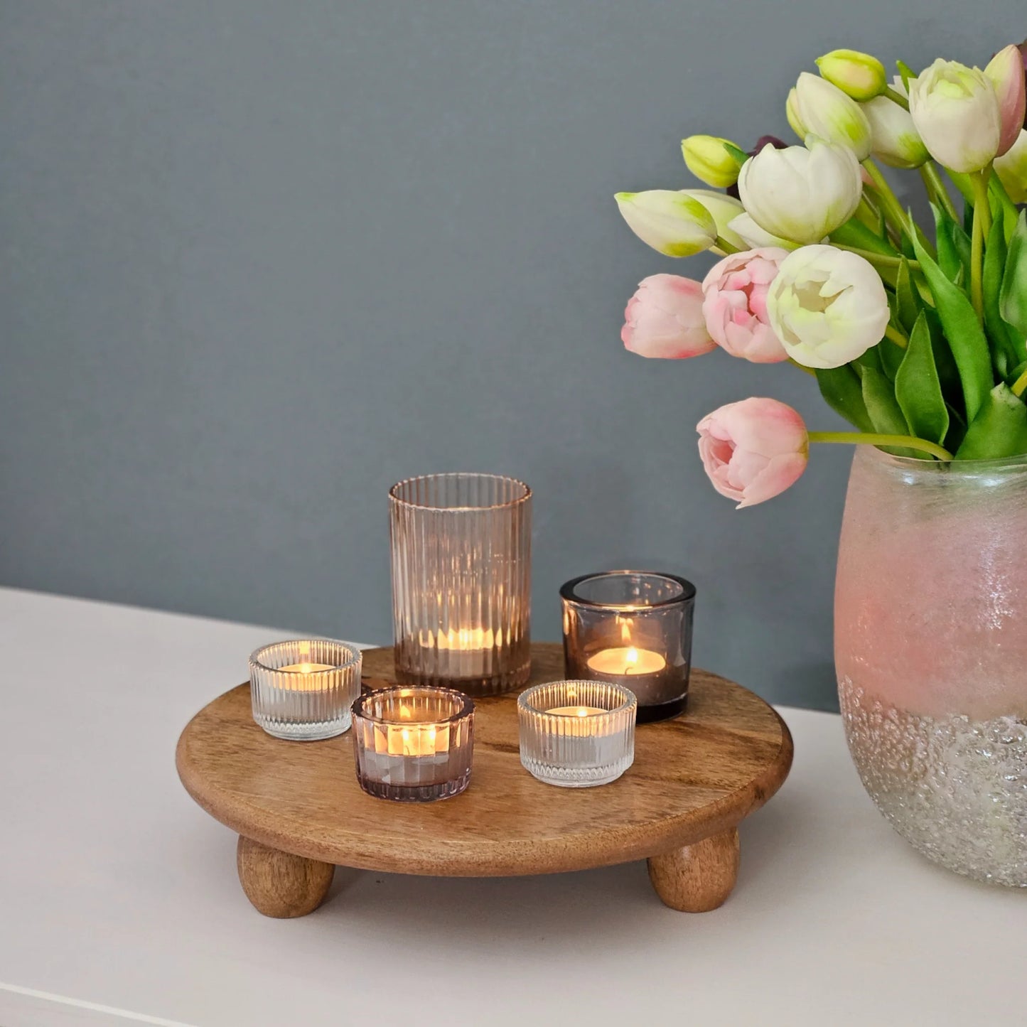 Dekoteller rund auf Füßen Kerzentablett Mangoholz 29 cm Holztablett Blumenhocker Dekorativ