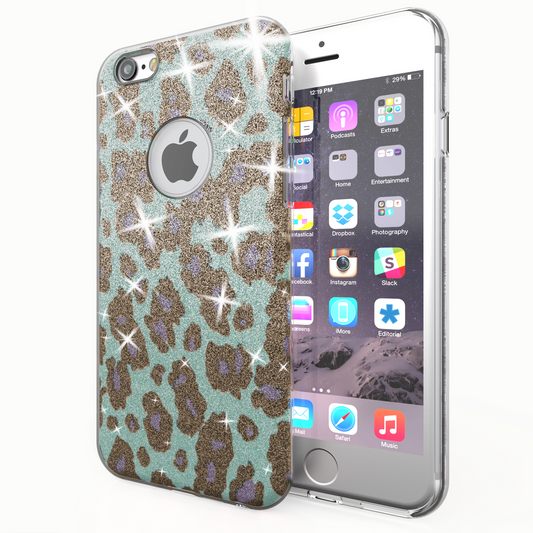 NALIA TPU sílikon hulstur fyrir iPhone 6 / 6S, glitrandi leopard - tyrkisblár