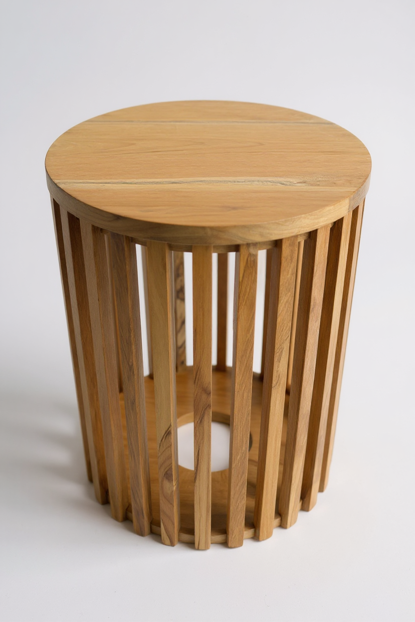 Teakholz-Beistelltisch - Holzhocker Couchtisch - Handgefertigt aus Massivholz – Holzleisten Rund - 50x30x30 cm
