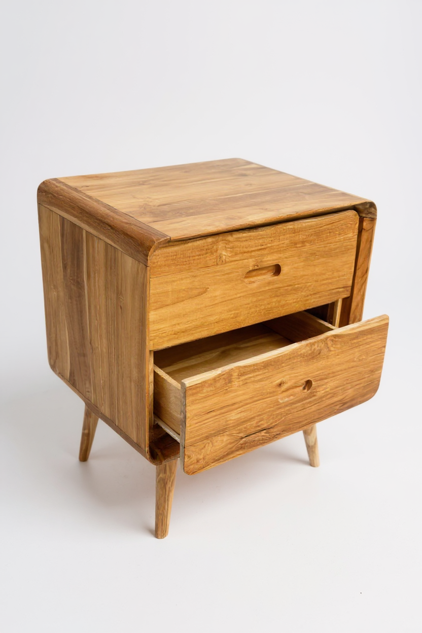 Holz Nachttisch – Beistelltisch Nachtschrank – Mit Zwei Schubladen – Aus Teak Massivholz – 50x40x60 cm