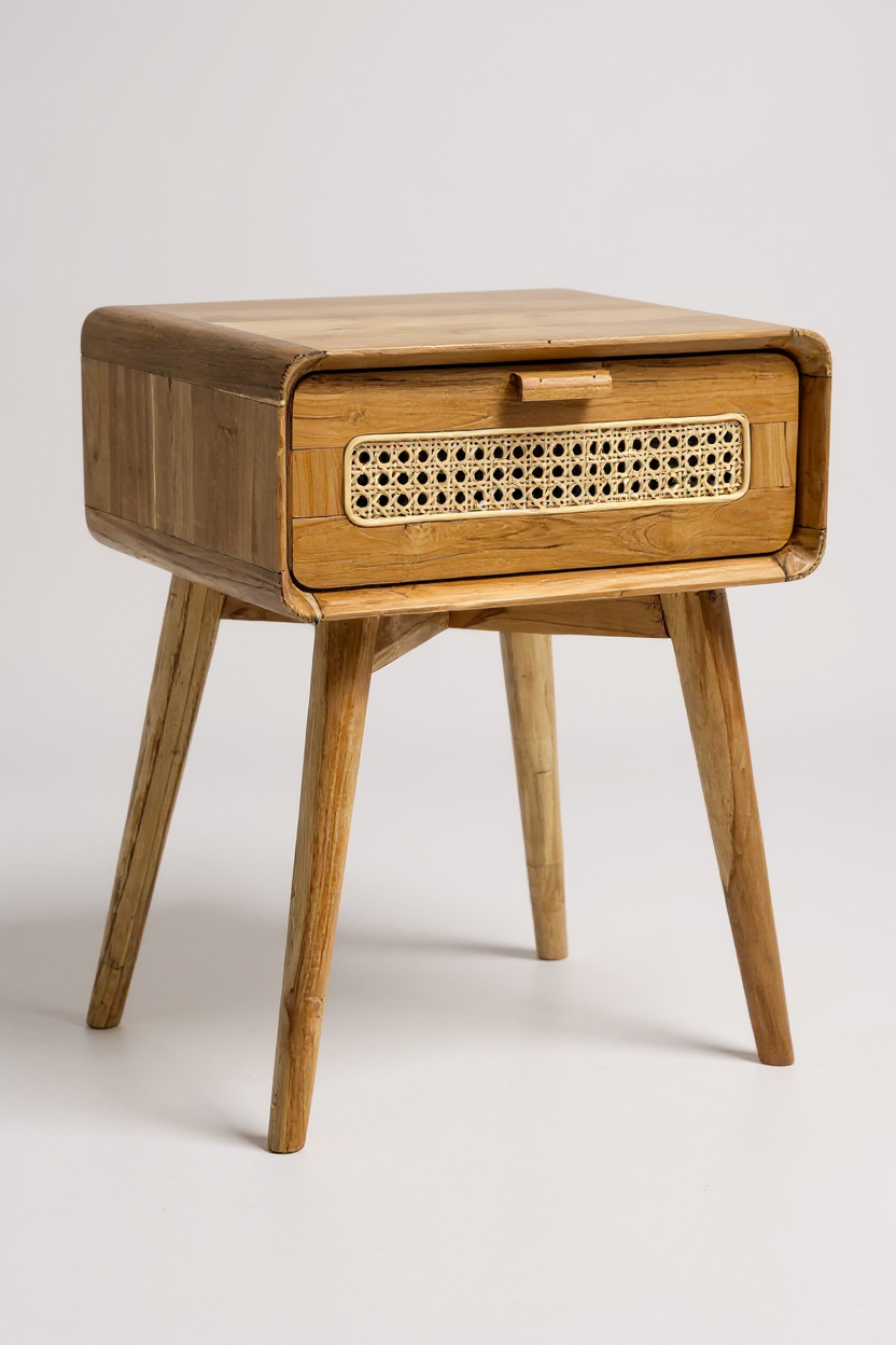 Rattan Beistelltisch – Nachttisch Ablagetisch Couchtisch – Stilvoll mit Schublade – Handgefertigter Vintage Look aus Teakholz – 60x50x40 cm