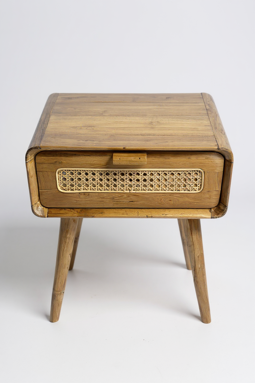 Rattan Beistelltisch – Nachttisch Ablagetisch Couchtisch – Stilvoll mit Schublade – Handgefertigter Vintage Look aus Teakholz – 60x50x40 cm