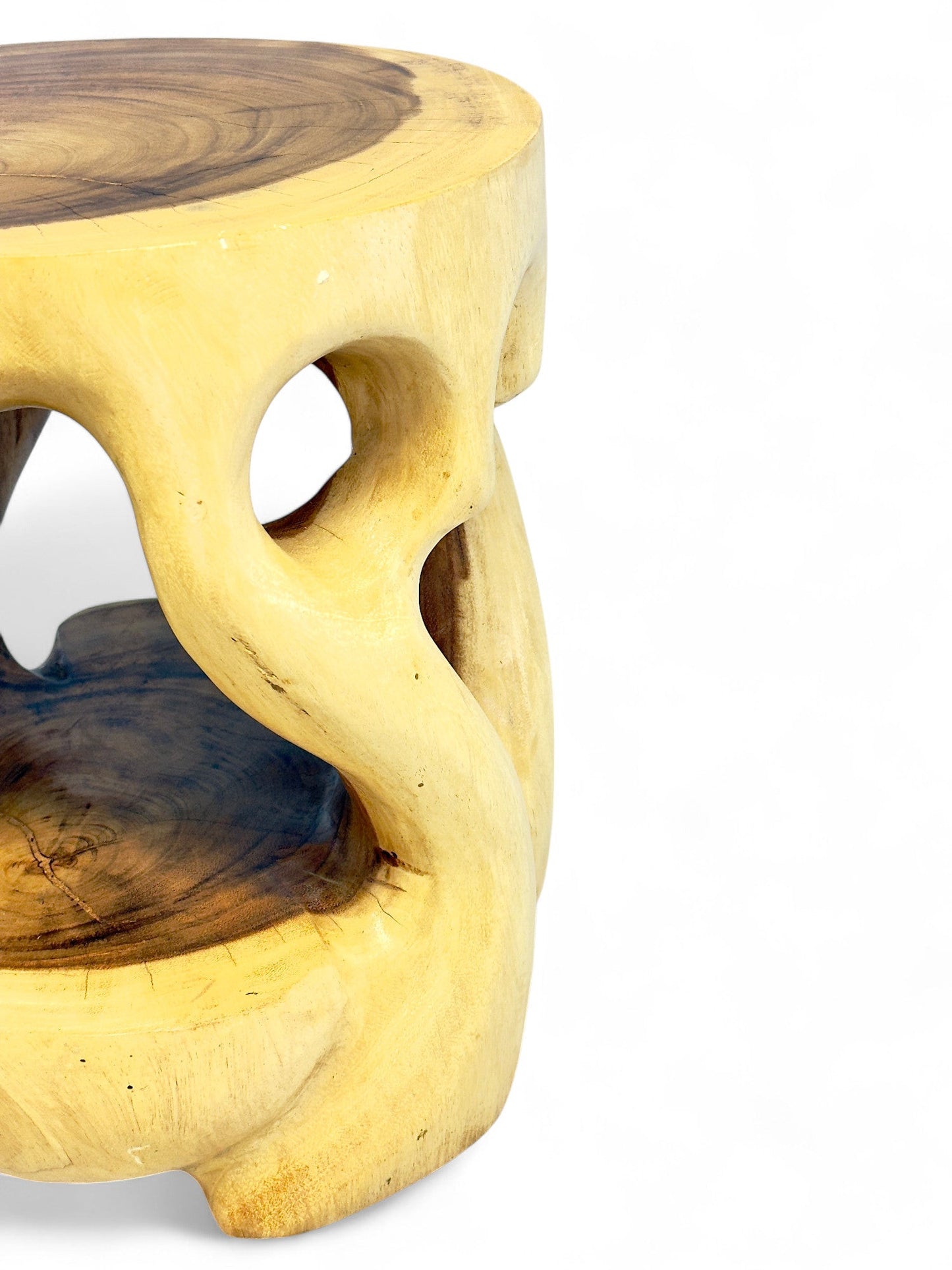 Holz Beistelltisch - Hocker, Nachttisch, Pflanzenhocker, Ablagetisch - Rundes Naturdesign mit organischer Form – Massiv aus Teakholz – 40x34x34 cm