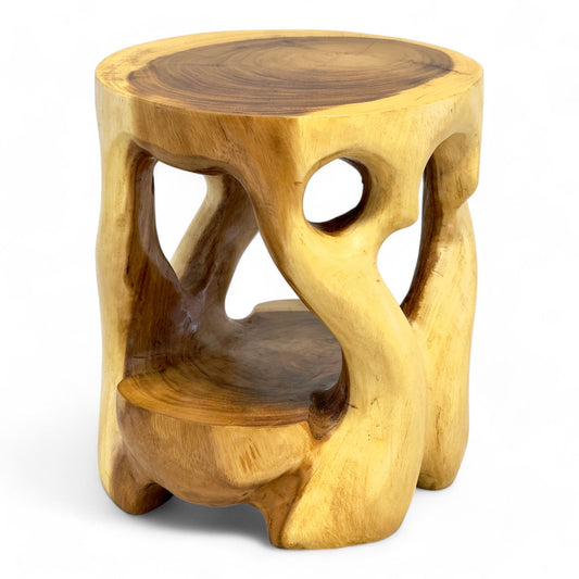 Holz Beistelltisch - Hocker, Nachttisch, Pflanzenhocker, Ablagetisch - Rundes Naturdesign mit organischer Form – Massiv aus Teakholz – 40x34x34 cm