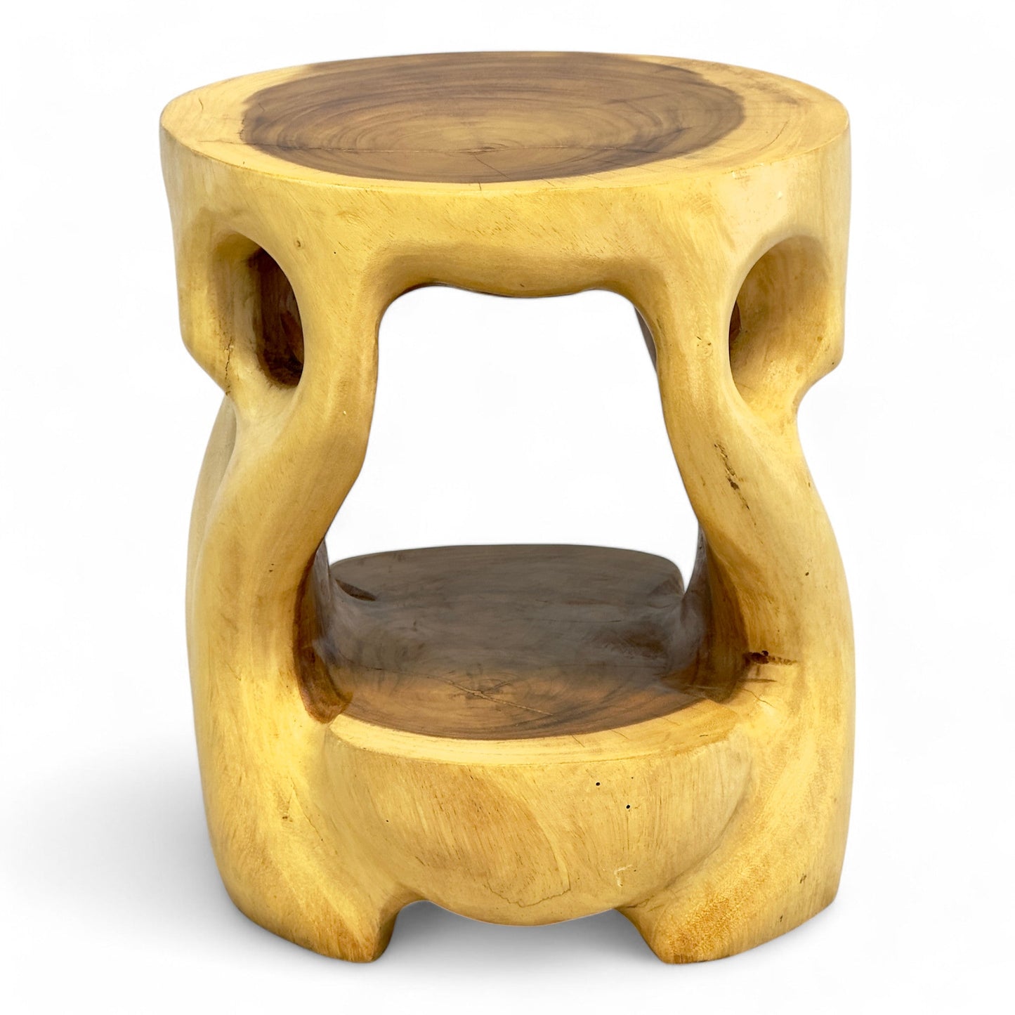 Holz Beistelltisch - Hocker, Nachttisch, Pflanzenhocker, Ablagetisch - Rundes Naturdesign mit organischer Form – Massiv aus Teakholz – 40x34x34 cm