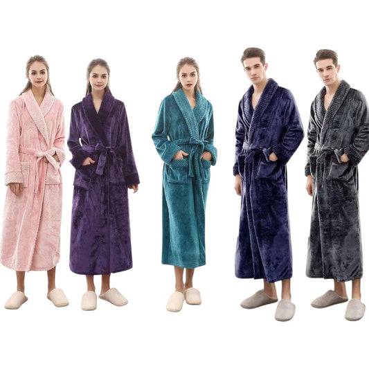 Bademantel Flanell » langer Saunamantel mit Taschen und Kragen in Waffeloptik » weicher Morgenmantel » Langbademantel