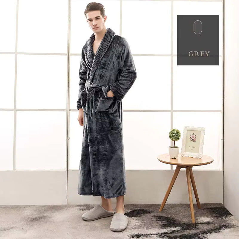 Bademantel Flanell » langer Saunamantel mit Taschen und Kragen in Waffeloptik » weicher Morgenmantel » Langbademantel