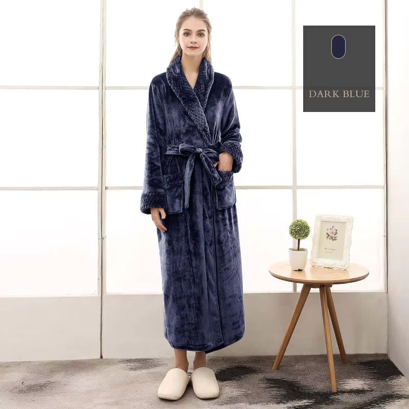 Bademantel Flanell » langer Saunamantel mit Taschen und Kragen in Waffeloptik » weicher Morgenmantel » Langbademantel