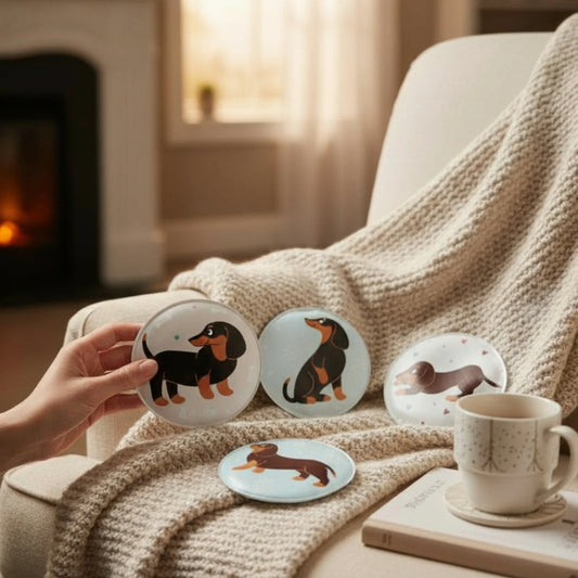 Taschenwärmer Handwärmer Hund Dackel 4er Set wiederverwendbar Wärmekissen