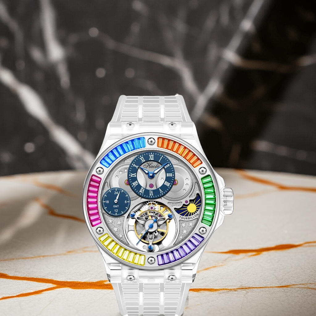 Haofa k9 vatnsmelónu kristalúr lúxus beinagrindarúr Tourbillon úr safírgleri