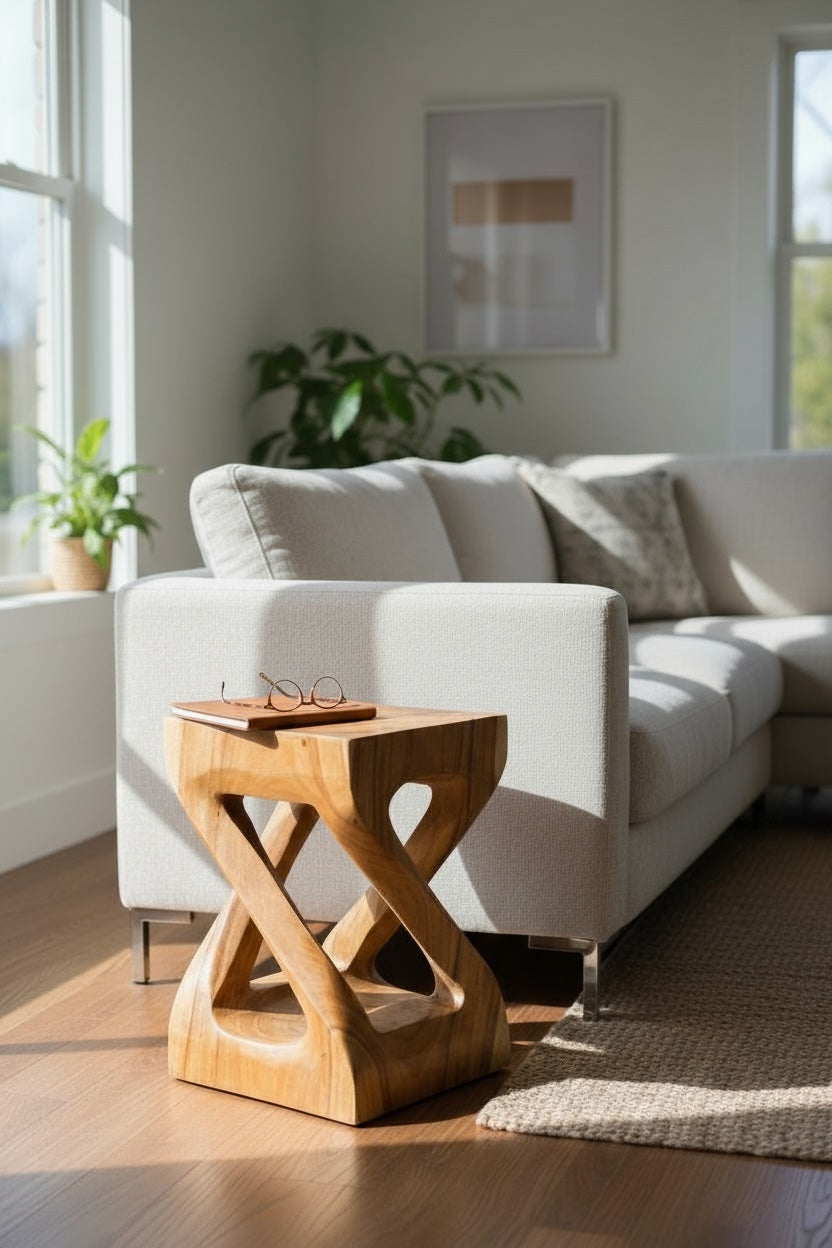 Holz Beistelltisch - Holzhocker Couchtisch - Handgefertigt – Kantig gedreht aus massivem Suarholz - 50x28x28 cm