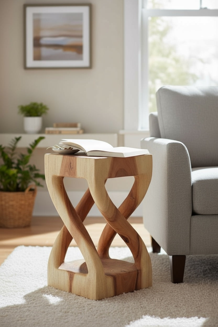 Holz Beistelltisch - Holzhocker Couchtisch - Handgefertigt - Gedreht aus hellen massivem Suarholz - 50x28x28 cm