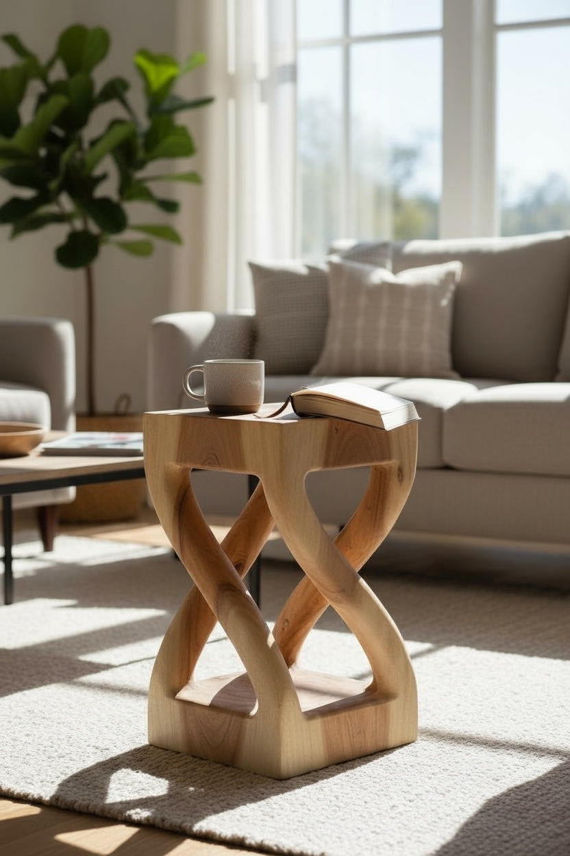 Holz Beistelltisch - Holzhocker Couchtisch - Handgefertigt - Gedreht aus hellen massivem Suarholz - 50x28x28 cm