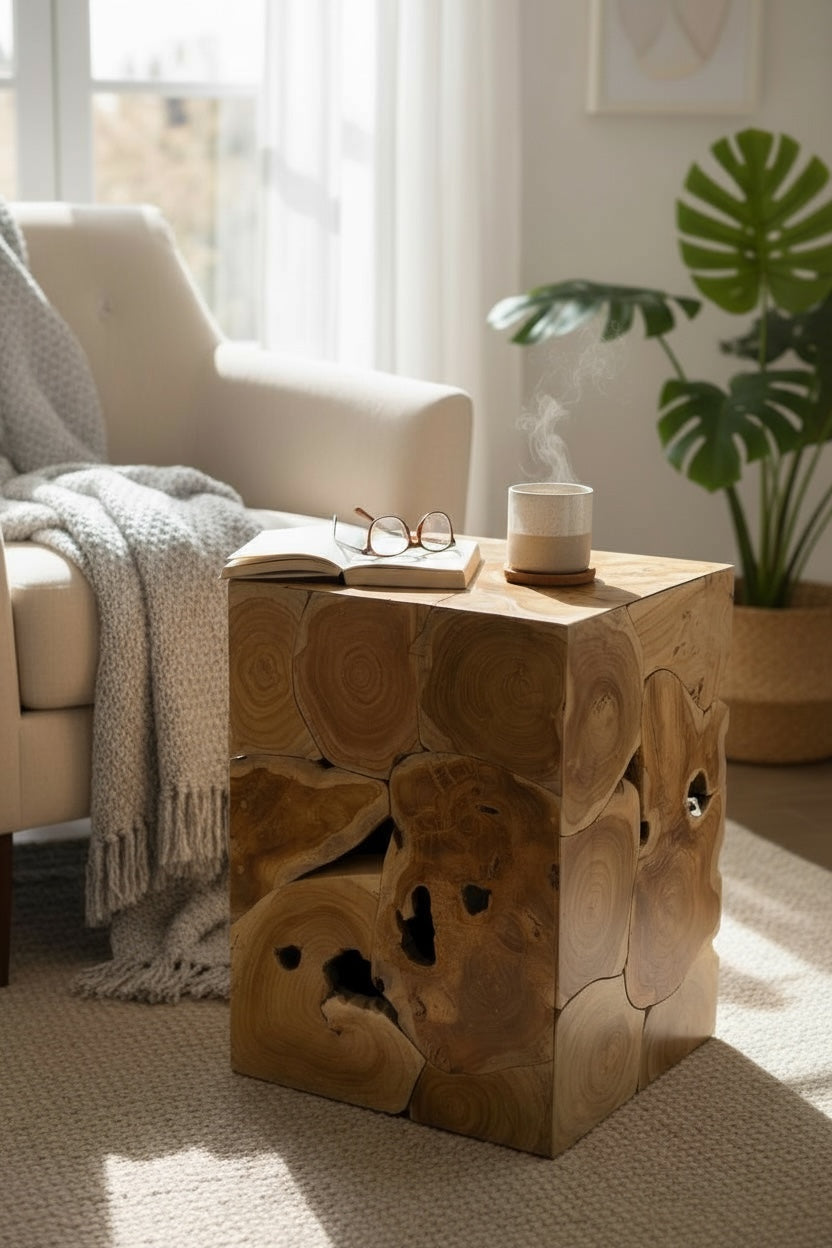 Holzmosaik Beistelltisch - Couchtisch Nachttisch Pflanzenhocker Hocker - Handgefertigt - 40&60x40x40 cm