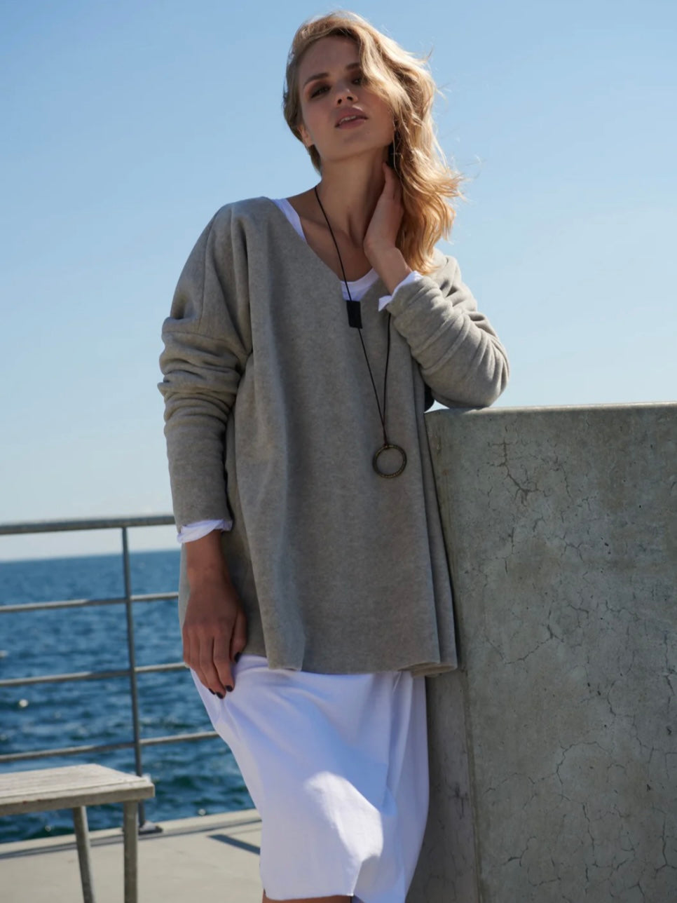 Fleece oversized V-neck Pullover 1336, in mehreren Farben