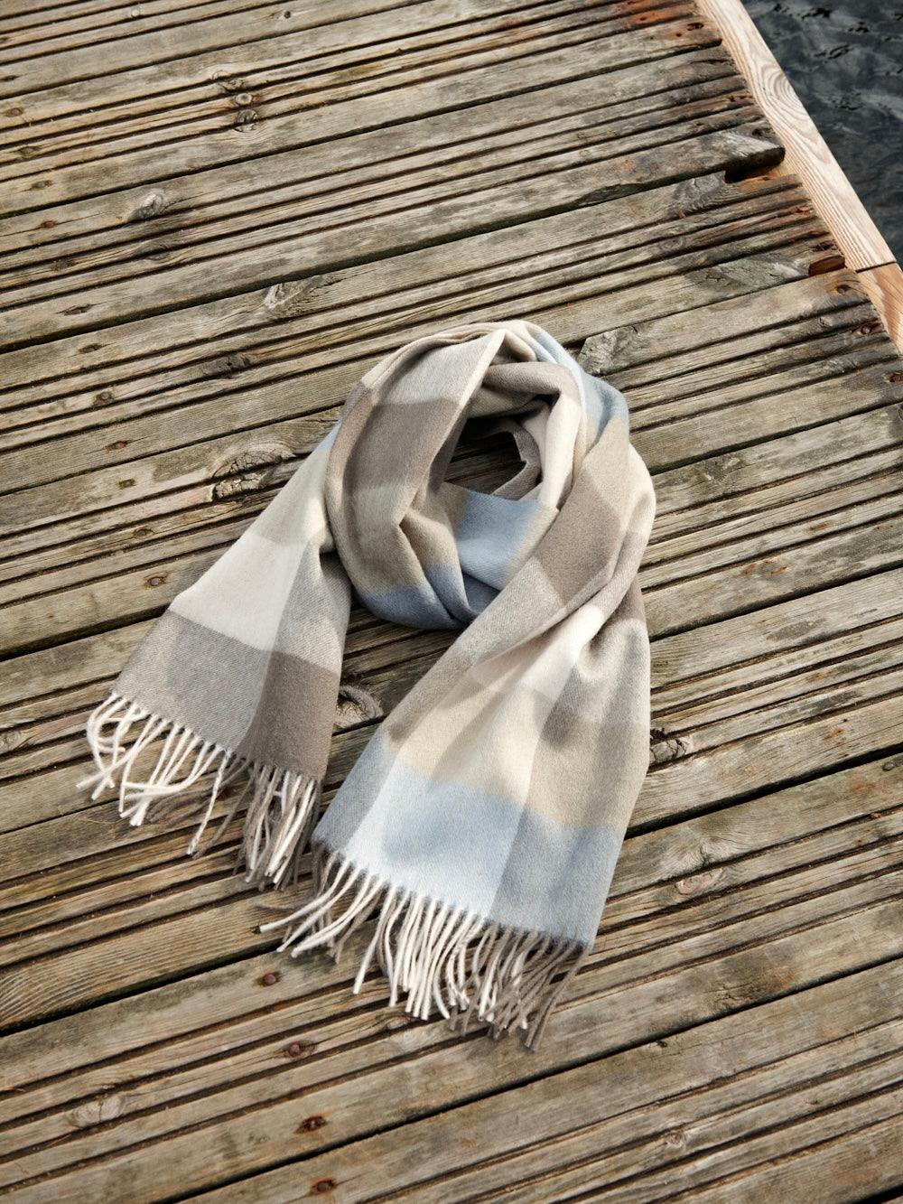 Wollschal Kitha PW staubblau/braun kariert