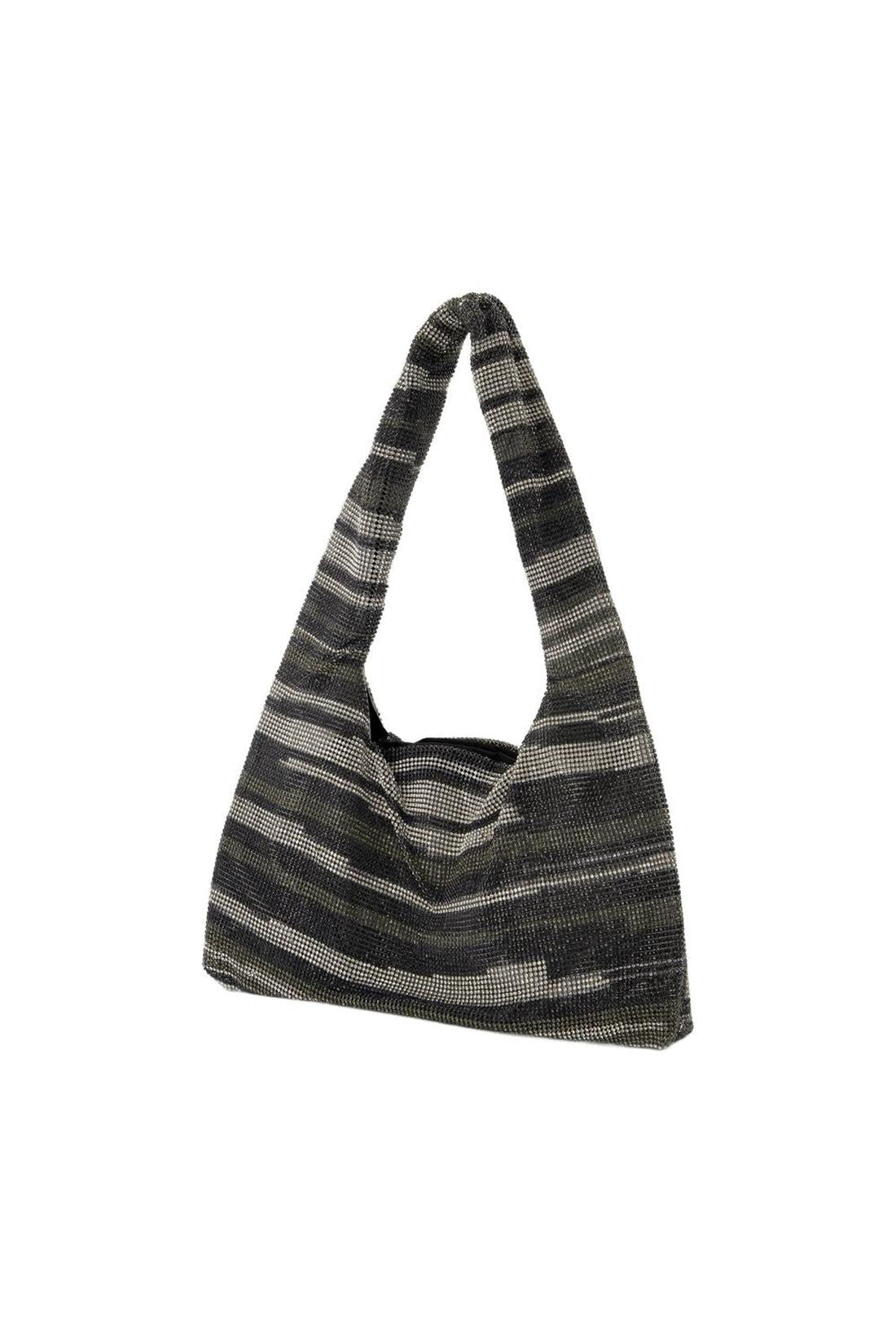 Crystal Mesh Armpit Hobo Bag - Kara - Black Stripes - Strass