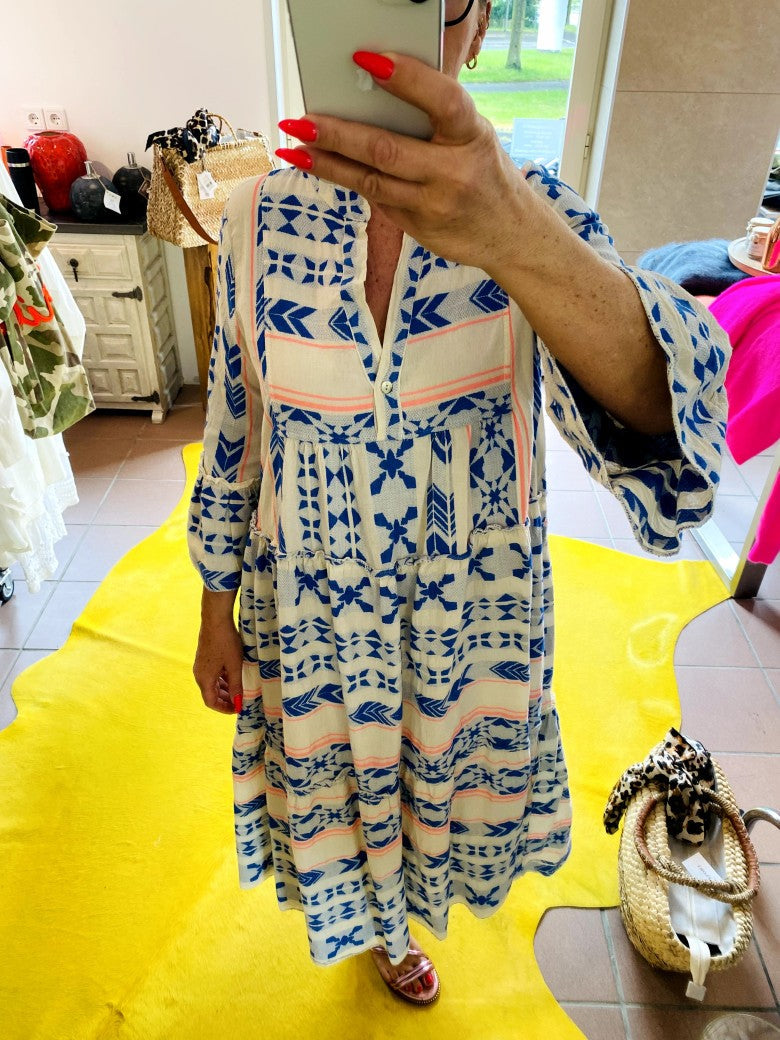 Kleid BOHO Maxi in Créme mit Muster in Blau und Rosa Baumwolle 3/4 Arm, One Size 04418