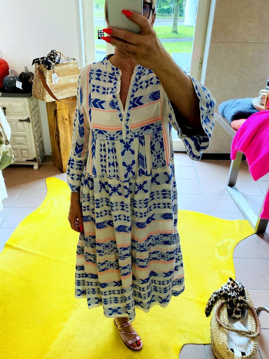 Kleid BOHO Maxi in Créme mit Muster in Blau und Rosa Baumwolle 3/4 Arm, One Size 04418