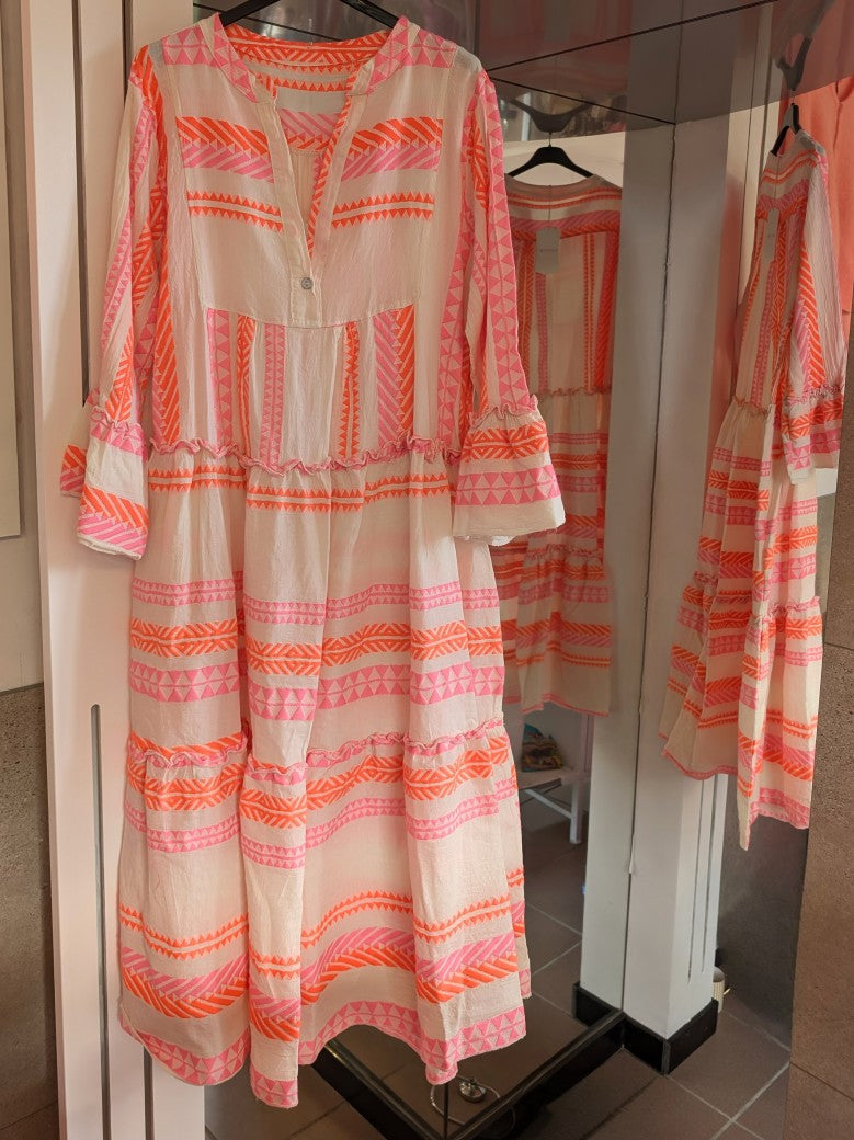 Kleid BOHO Maxi mit Muster in Créme und Rosa Pink Neon Orange Baumwolle 3/4 Arm, One Size 04418