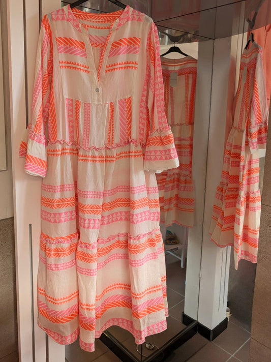 Kleid BOHO Maxi mit Muster in Créme und Rosa Pink Neon Orange Baumwolle 3/4 Arm, One Size 04418