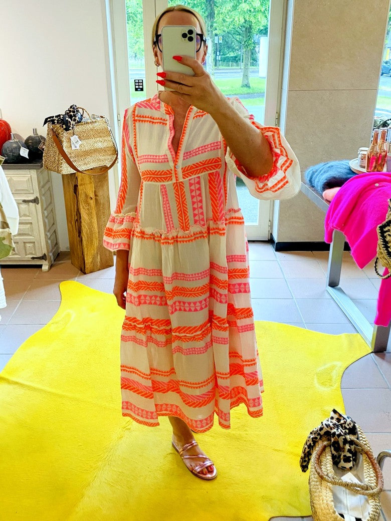 Kleid BOHO Maxi mit Muster in Créme und Rosa Pink Neon Orange Baumwolle 3/4 Arm, One Size 04418