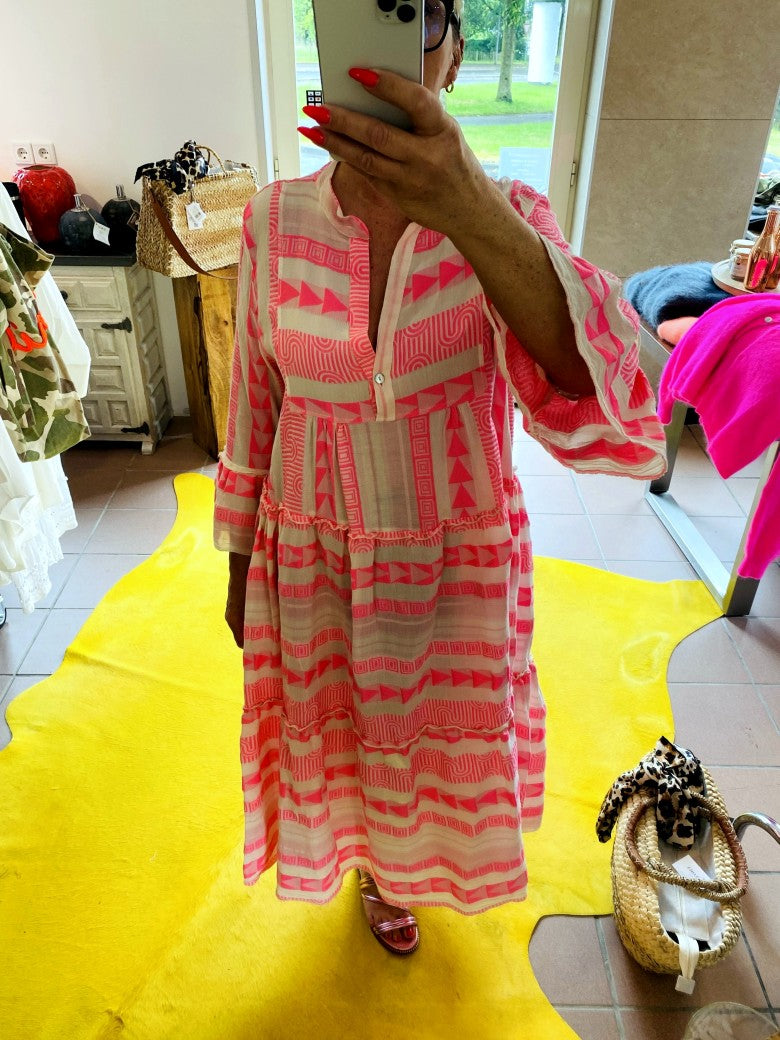 Kleid BOHO Maxi mit Muster in Créme und Rosa Pink Baumwolle 3/4 Arm, One Size 04418