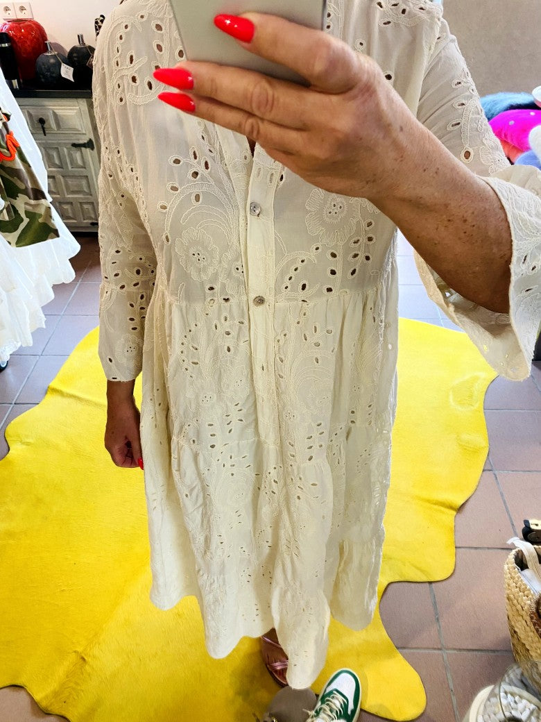 Kleid BOHO Maxi Floral mit Lochstickerei in Créme Baumwolle 3/4 Arm, One Size 21244
