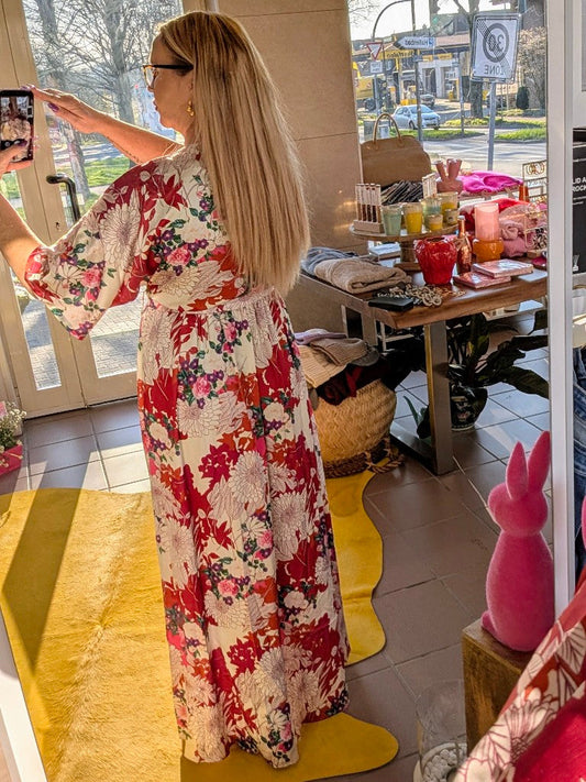 Kleid Maxi Floral Rot Fuchsia Maxi mit 3/4 Arm - von Lily Mcbee R08829 Style 606388