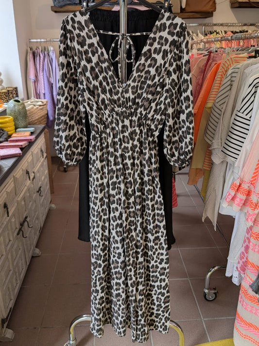 Kleid Maxi Mousselin Leo Muster in Beige Braun Schwarz 3/4 Arm, One Size 02987