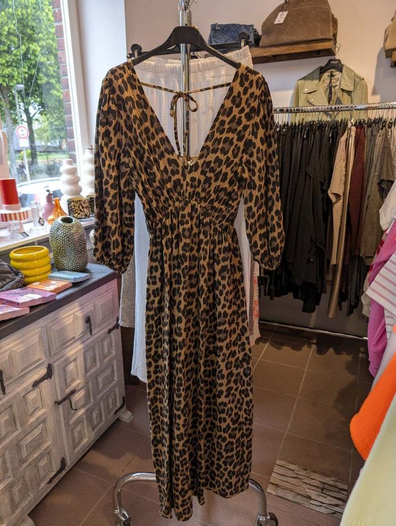 Kleid Maxi Mousselin Leo Muster in Braun Schwarz 3/4 Arm, One Size 02987