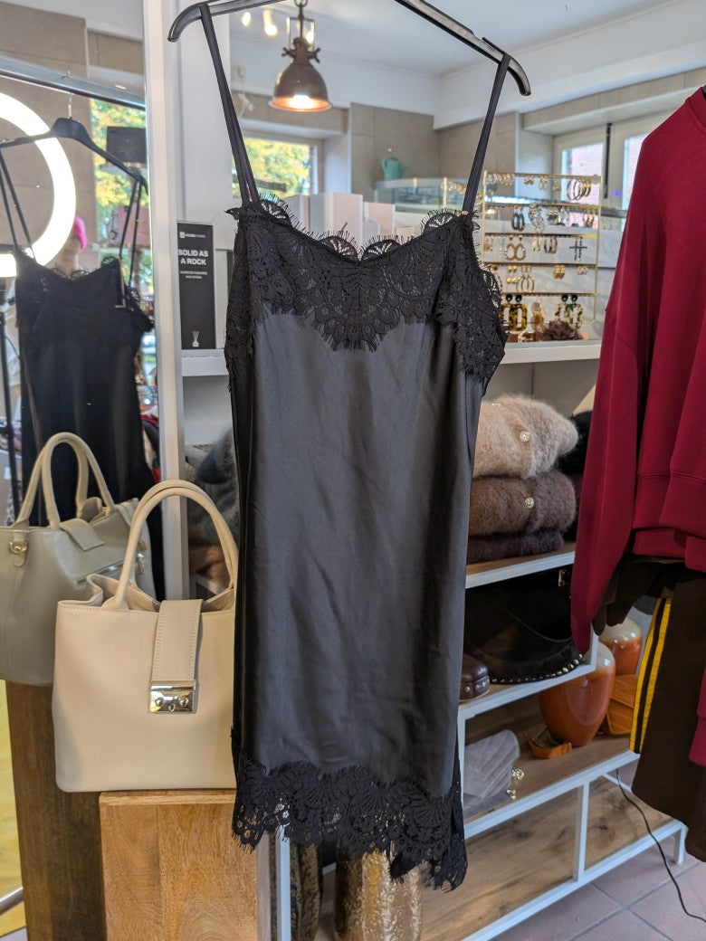 Kleid Satin asymmetrisch mit Spitze Schwarz One Size  bis Größe 38/40 N1895