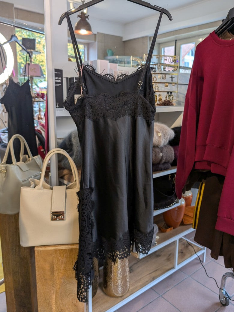 Kleid Satin asymmetrisch mit Spitze Schwarz One Size  bis Größe 38/40 N1895