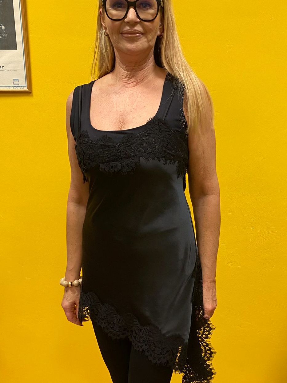 Kleid Satin asymmetrisch mit Spitze Schwarz One Size  bis Größe 38/40 N1895